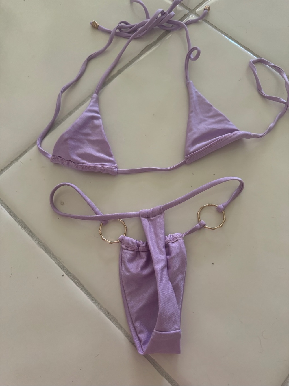 Lilac Triangle String Bikini Set with Gold Rings - Picture 7 of 7